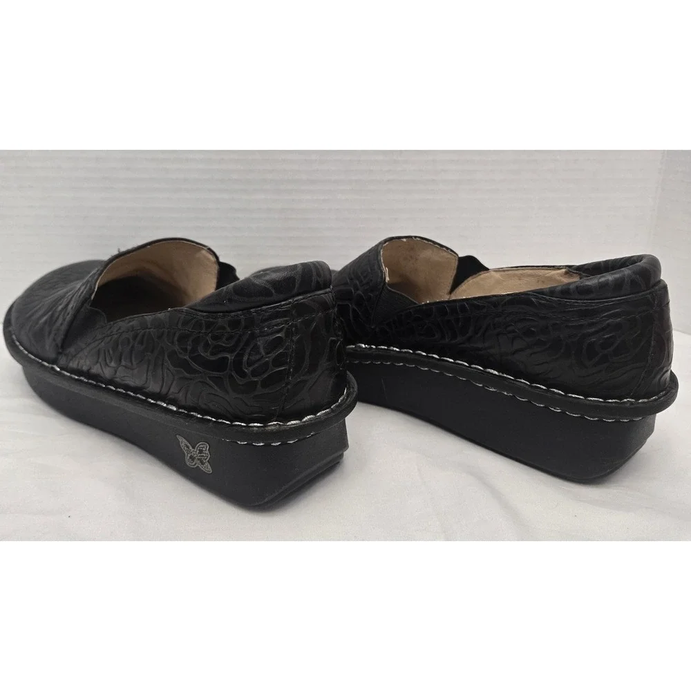 Alegria Debra Comfort Shoes EU Size 37 Black Leather Embossed Floral Slip On GUC